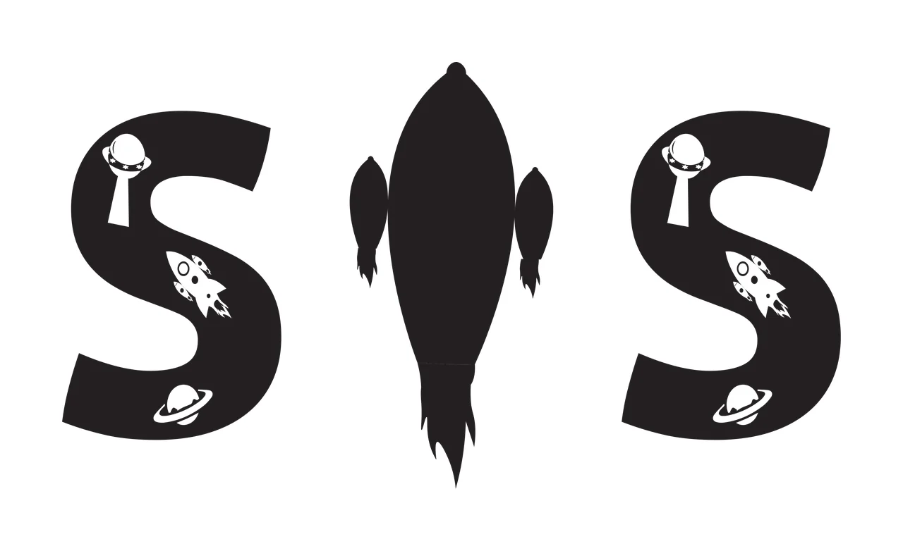 SIS SIS typography with letter S, rocket silhouette, flying saucer and planet with ring in black and white