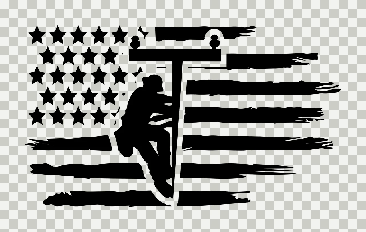 Silhouette Design of lineman with utility pole, American flag, stars and distressed stripes in black and white transparency and detail preview thumbnail