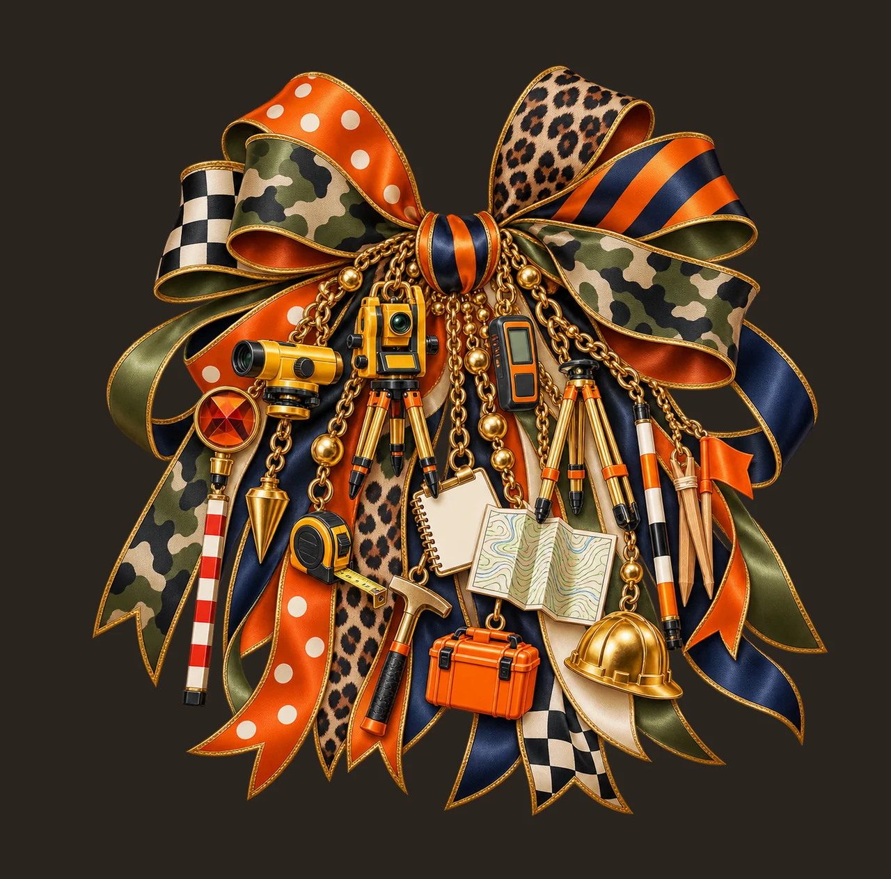 Land Surveyor Bow Charm PNG, Themed Gold Chain Charms, Coquette Ribbon Sublimation Design, Transparent Digital Download contrast preview thumbnail