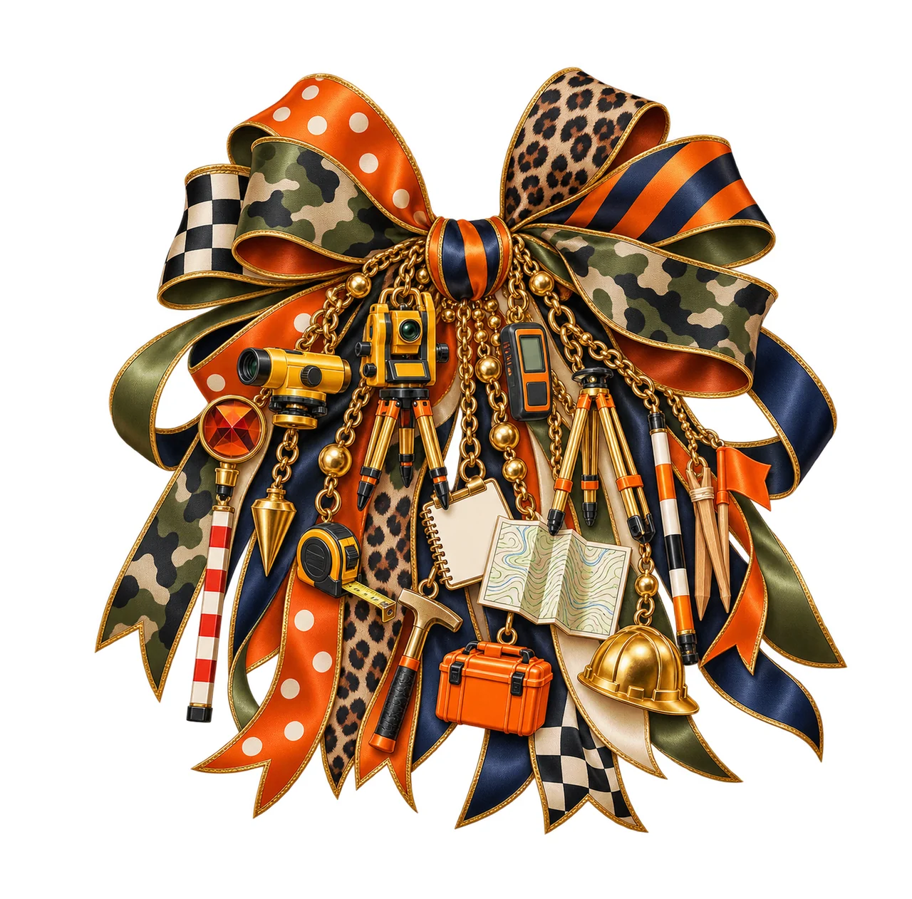 Land Surveyor Bow Charm PNG, Themed Gold Chain Charms, Coquette Ribbon Sublimation Design, Transparent Digital Download