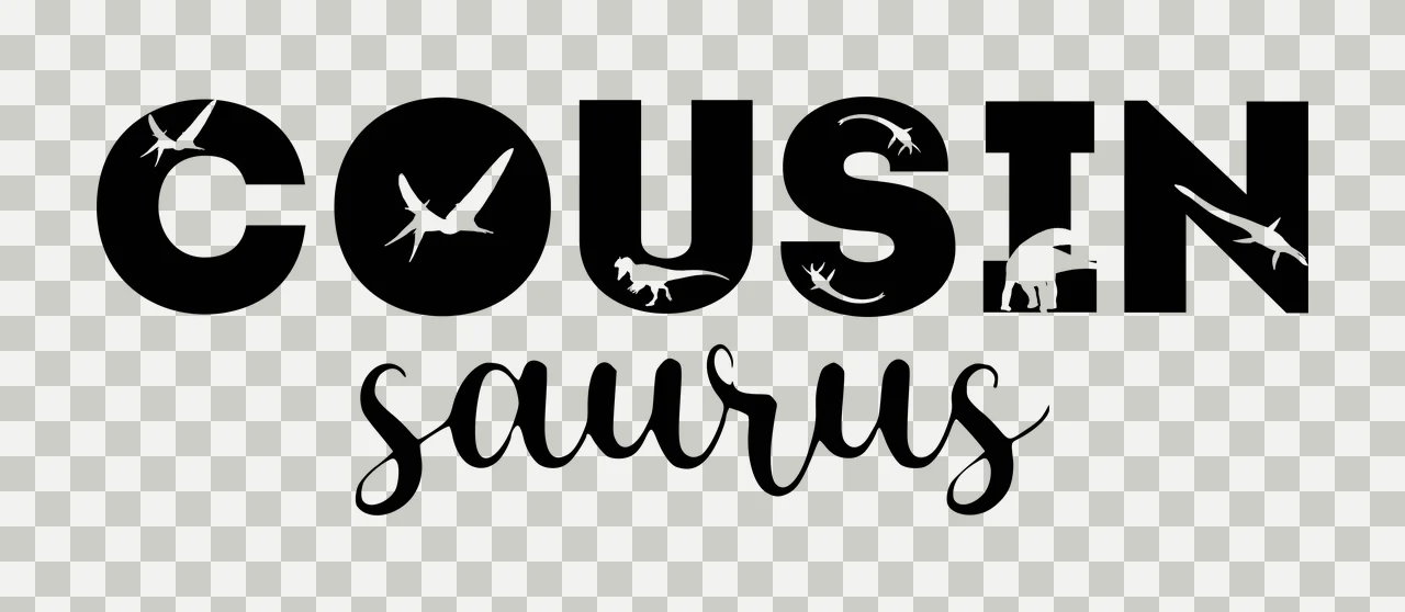 COUSIN saurus dinosaur typography with COUSIN lettering, saurus script text, pterosaur silhouette and theropod silhouette in black and white transparency and detail preview thumbnail