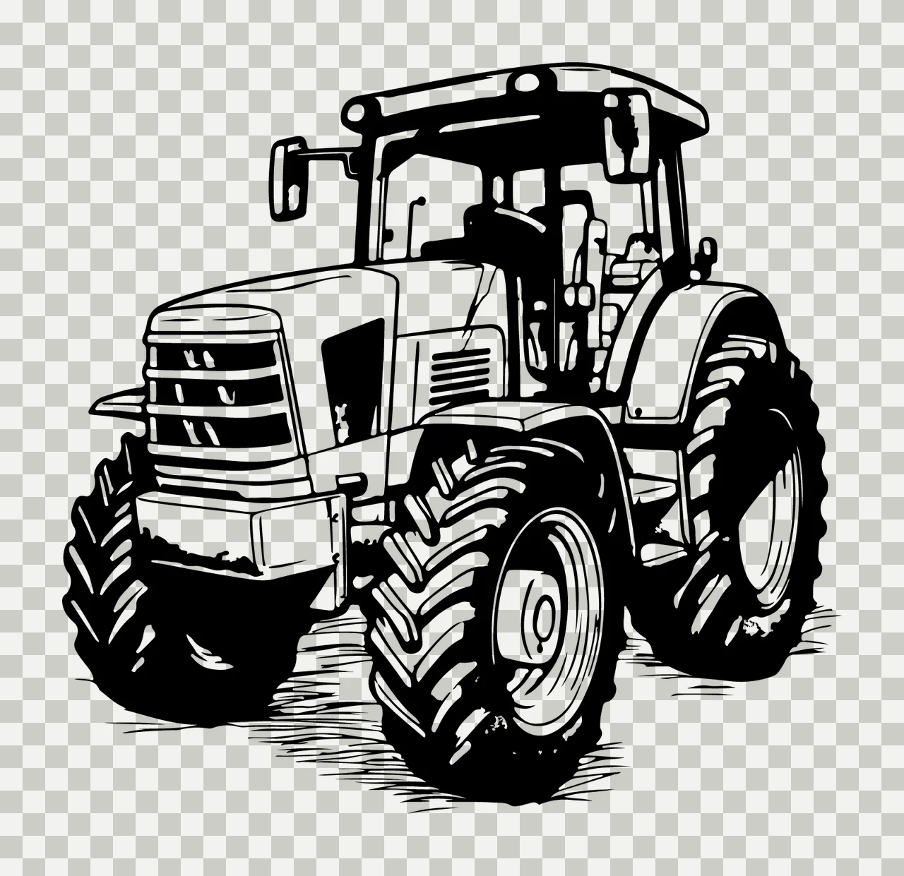 Farm Tractor Black Line Drawing stationary tires cabin grille transparency and detail preview thumbnail