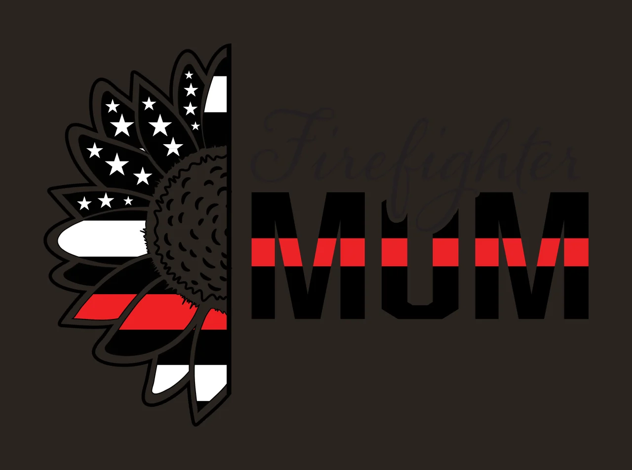 Firefighter MUM Firefighter MUM design with half sunflower, american flag pattern, thin red line and script typography in black and white contrast preview thumbnail