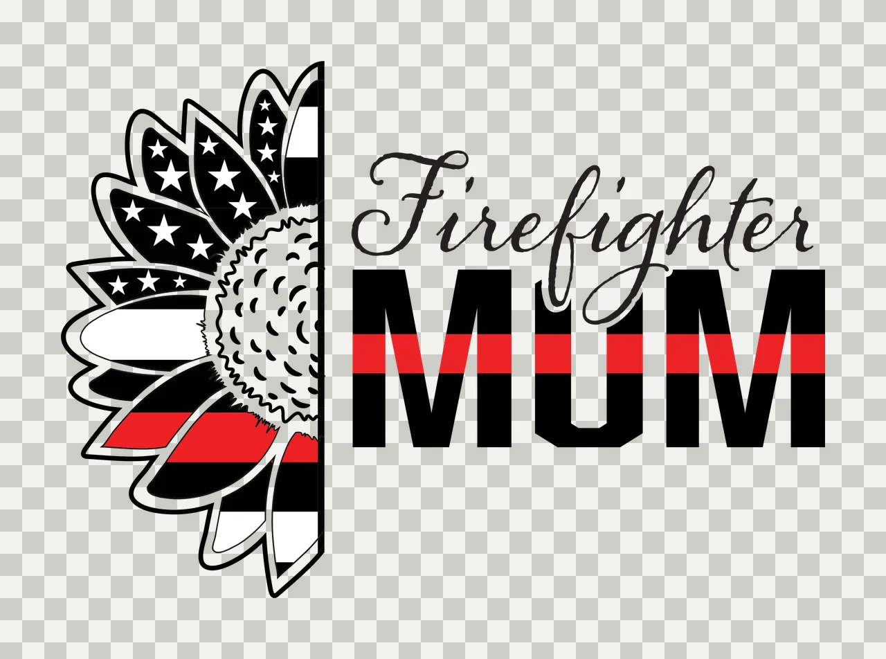 Firefighter MUM Firefighter MUM design with half sunflower, american flag pattern, thin red line and script typography in black and white transparency and detail preview thumbnail