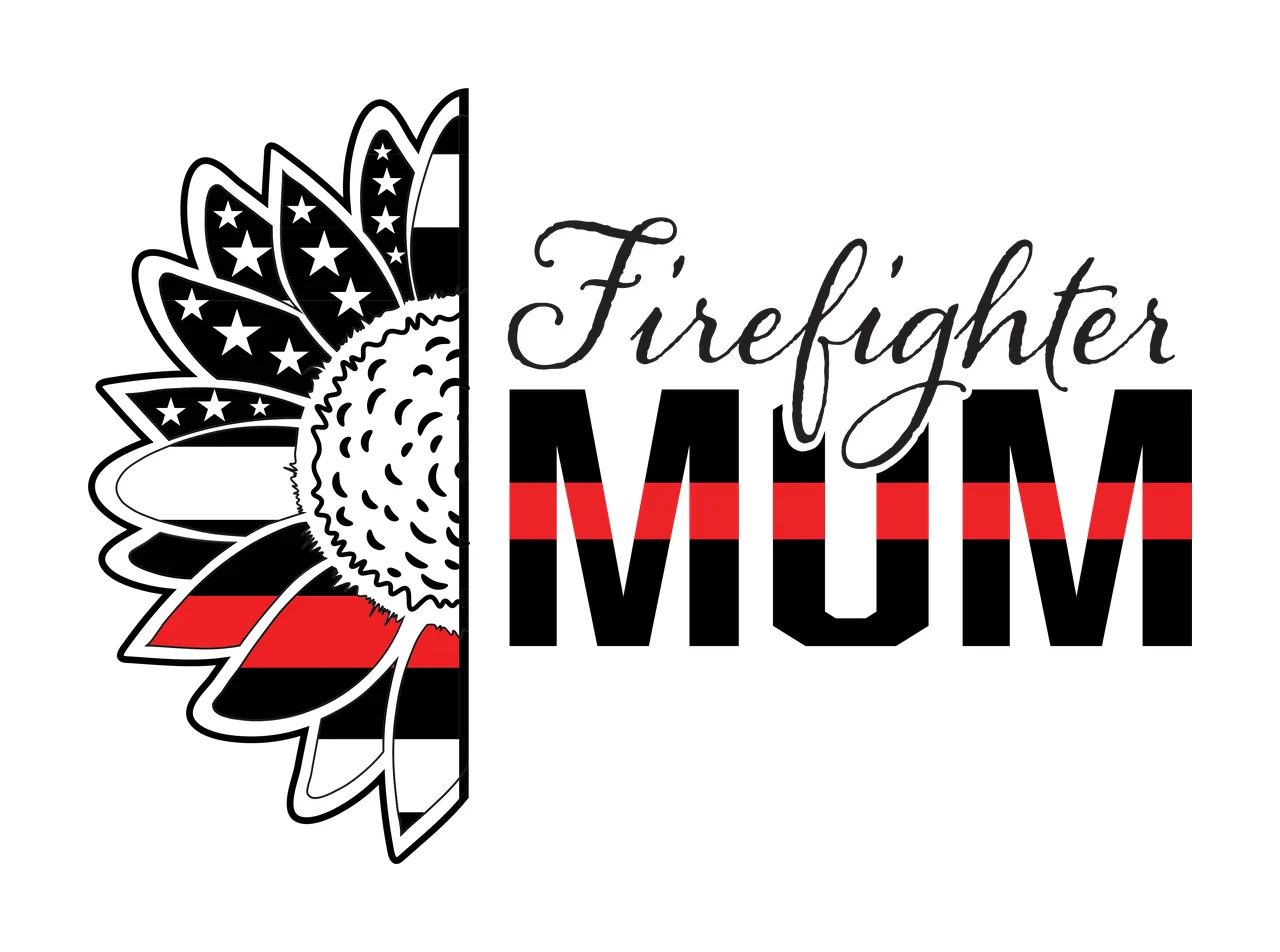 Firefighter MUM Firefighter MUM design with half sunflower, american flag pattern, thin red line and script typography in black and white