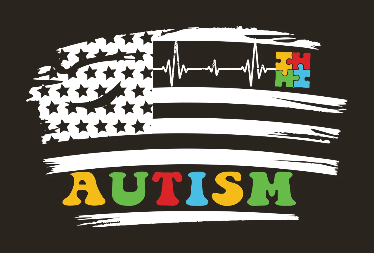 AUTISM Typography Design with four interlocking puzzle pieces and word 'AUTISM' in colored block letters in yellow, red and green contrast preview thumbnail
