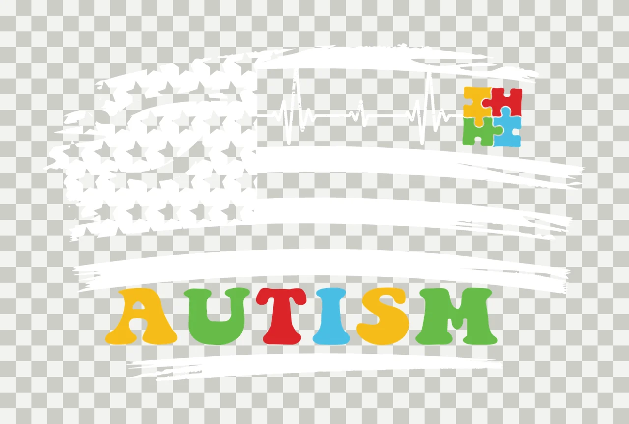 AUTISM Typography Design with four interlocking puzzle pieces and word 'AUTISM' in colored block letters in yellow, red and green transparency and detail preview thumbnail