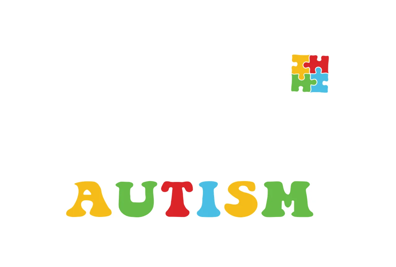AUTISM Typography Design with four interlocking puzzle pieces and word 'AUTISM' in colored block letters in yellow, red and green