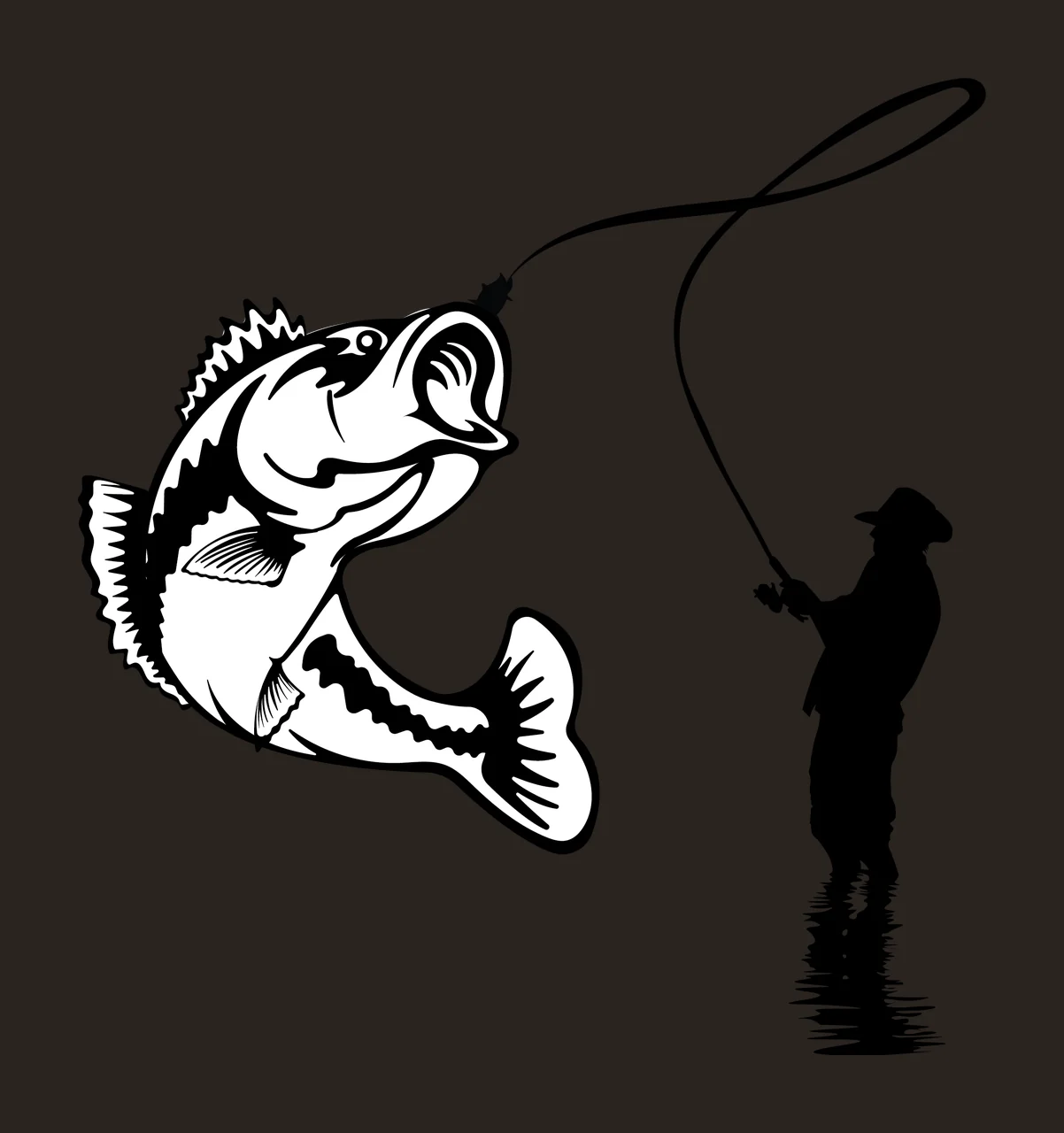 Fisherman Fish Silhouette With Jumping fishing rod black white contrast preview thumbnail