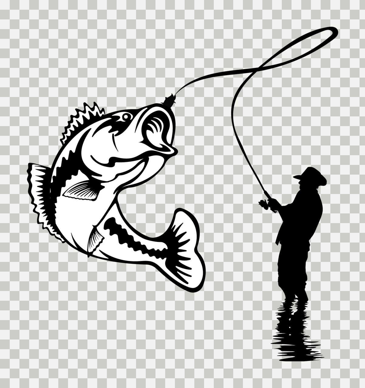 Fisherman Fish Silhouette With Jumping fishing rod black white transparency and detail preview thumbnail
