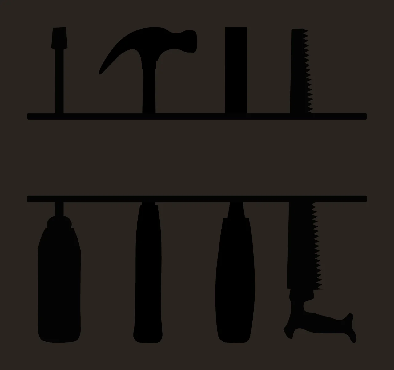 Silhouette Design of hand tools split monogram frame with hammer, saw, screwdriver and tool handles in black and white contrast preview thumbnail