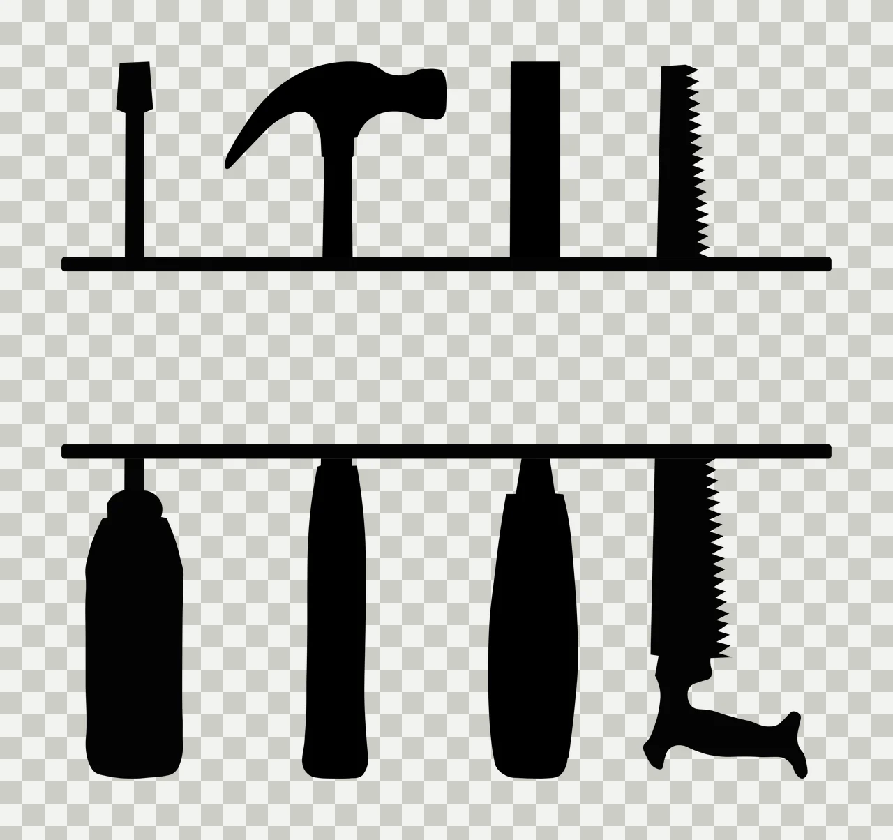 Silhouette Design of hand tools split monogram frame with hammer, saw, screwdriver and tool handles in black and white transparency and detail preview thumbnail