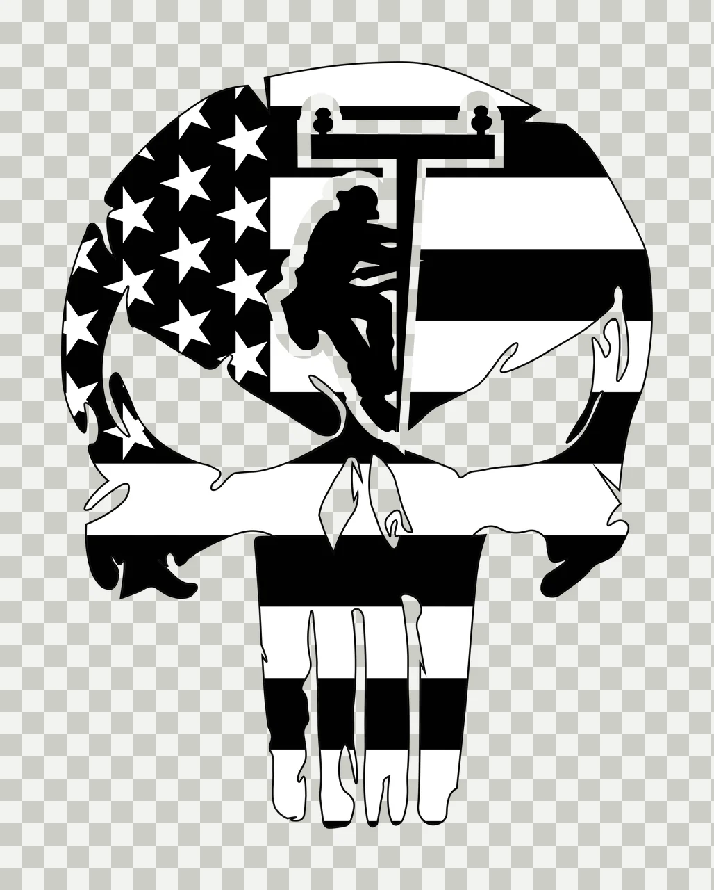 American flag skull with lineman silhouette Illustration with American flag pattern, stars, stripes and utility pole in black and white transparency and detail preview thumbnail