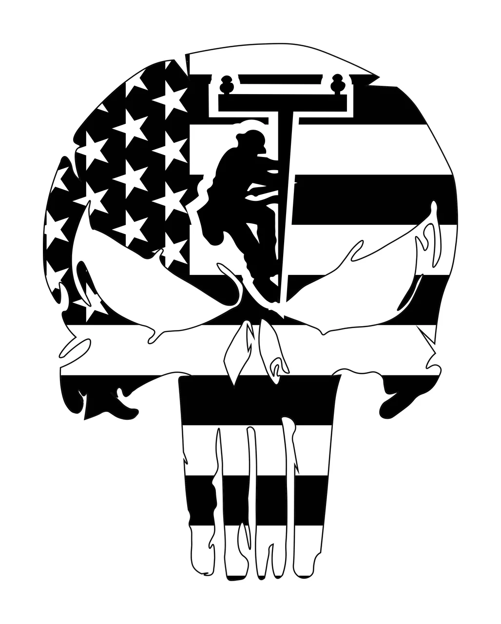 American flag skull with lineman silhouette Illustration with American flag pattern, stars, stripes and utility pole in black and white