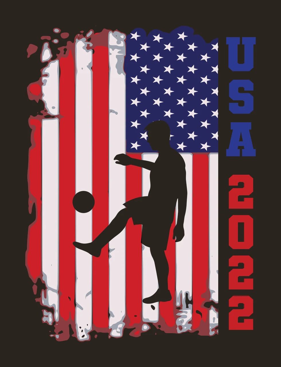 USA 2022 soccer player silhouette Design with soccer ball, American flag, stars and stripes in red, white and blue contrast preview thumbnail