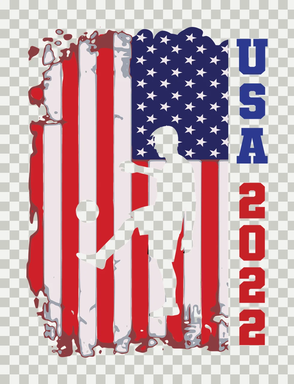 USA 2022 soccer player silhouette Design with soccer ball, American flag, stars and stripes in red, white and blue transparency and detail preview thumbnail