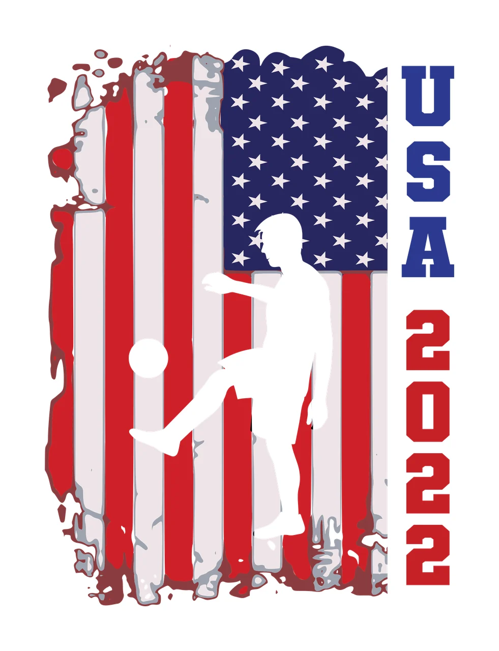 USA 2022 soccer player silhouette Design with soccer ball, American flag, stars and stripes in red, white and blue
