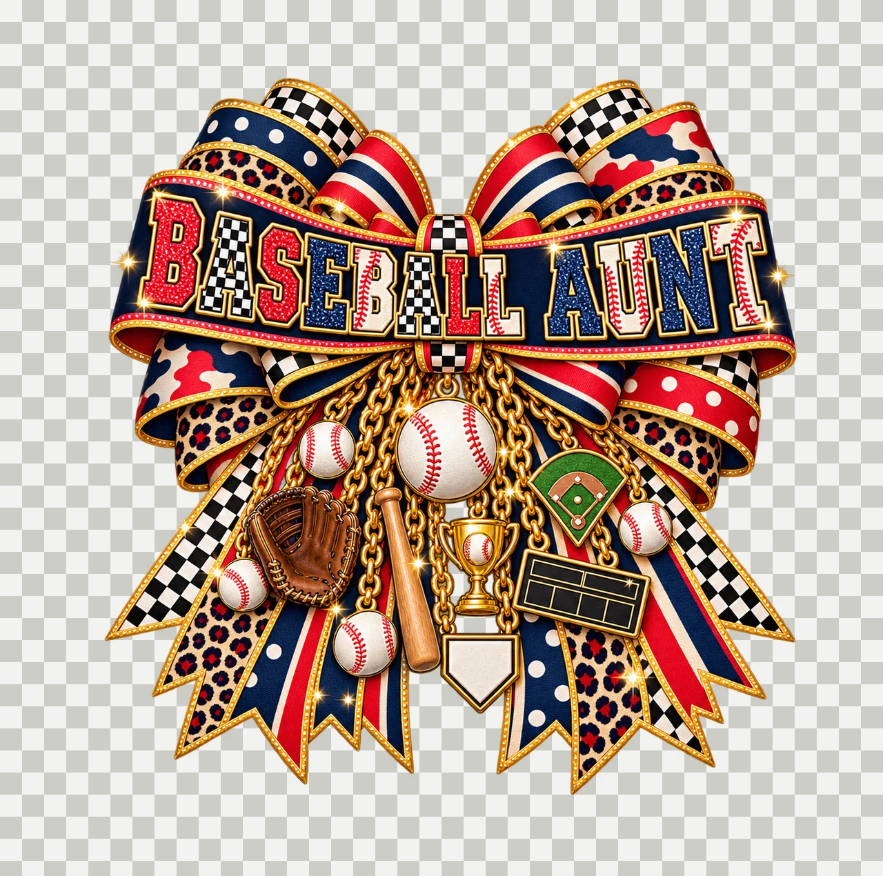 Baseball Aunt Bow Charm PNG, Patterned Varsity Aunt Ribbon Clipart, Transparent Sublimation Digital Download transparency and detail preview thumbnail