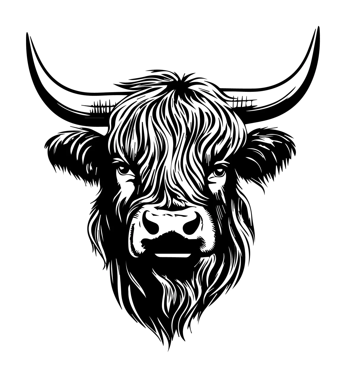 Long Horned Bull Head Graphic Illustration facing forward horns