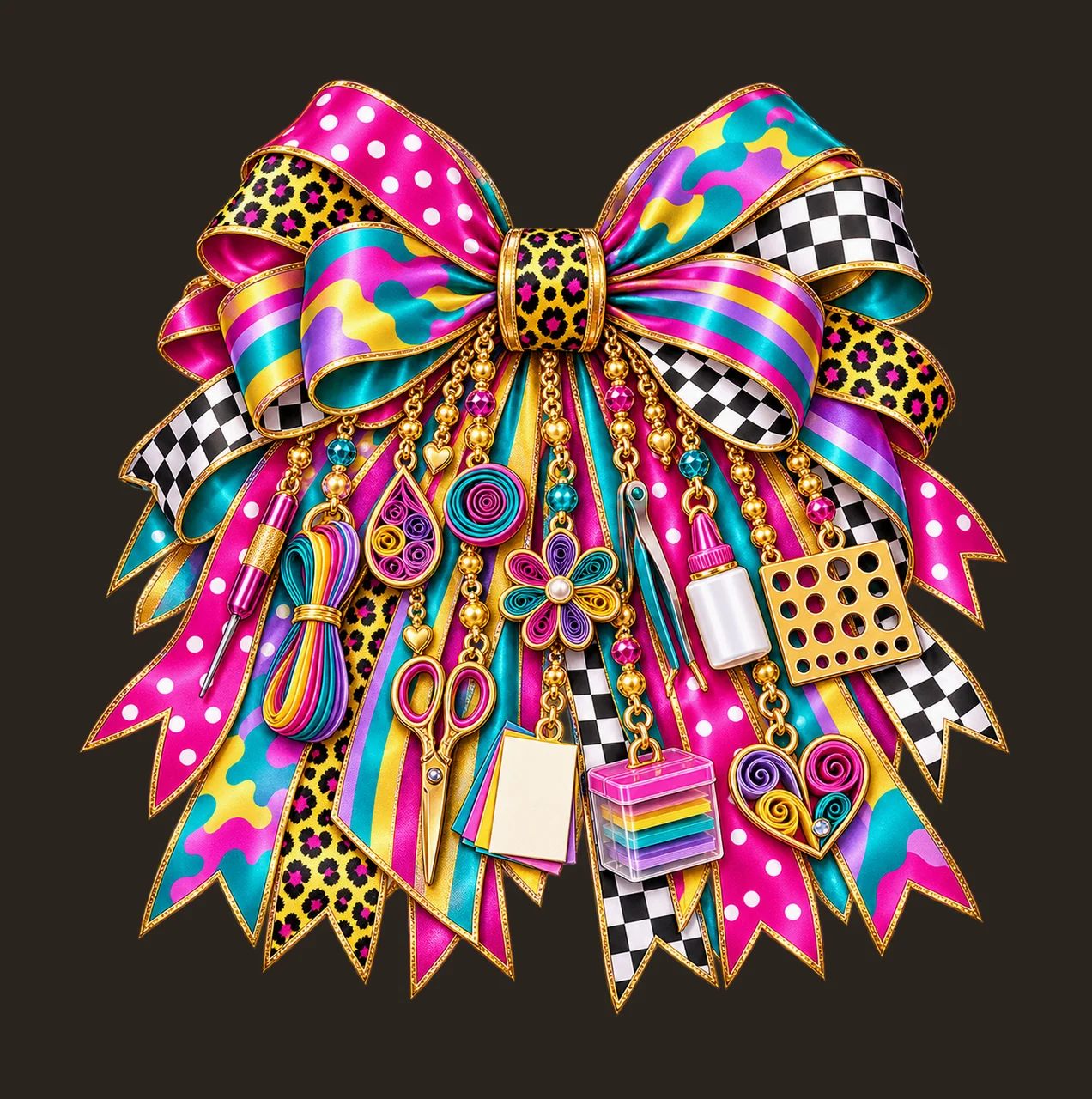 Paper Quilling Artist Bow Charm PNG, Gold Chain Charms, Transparent Sublimation Design, Digital Download contrast preview thumbnail