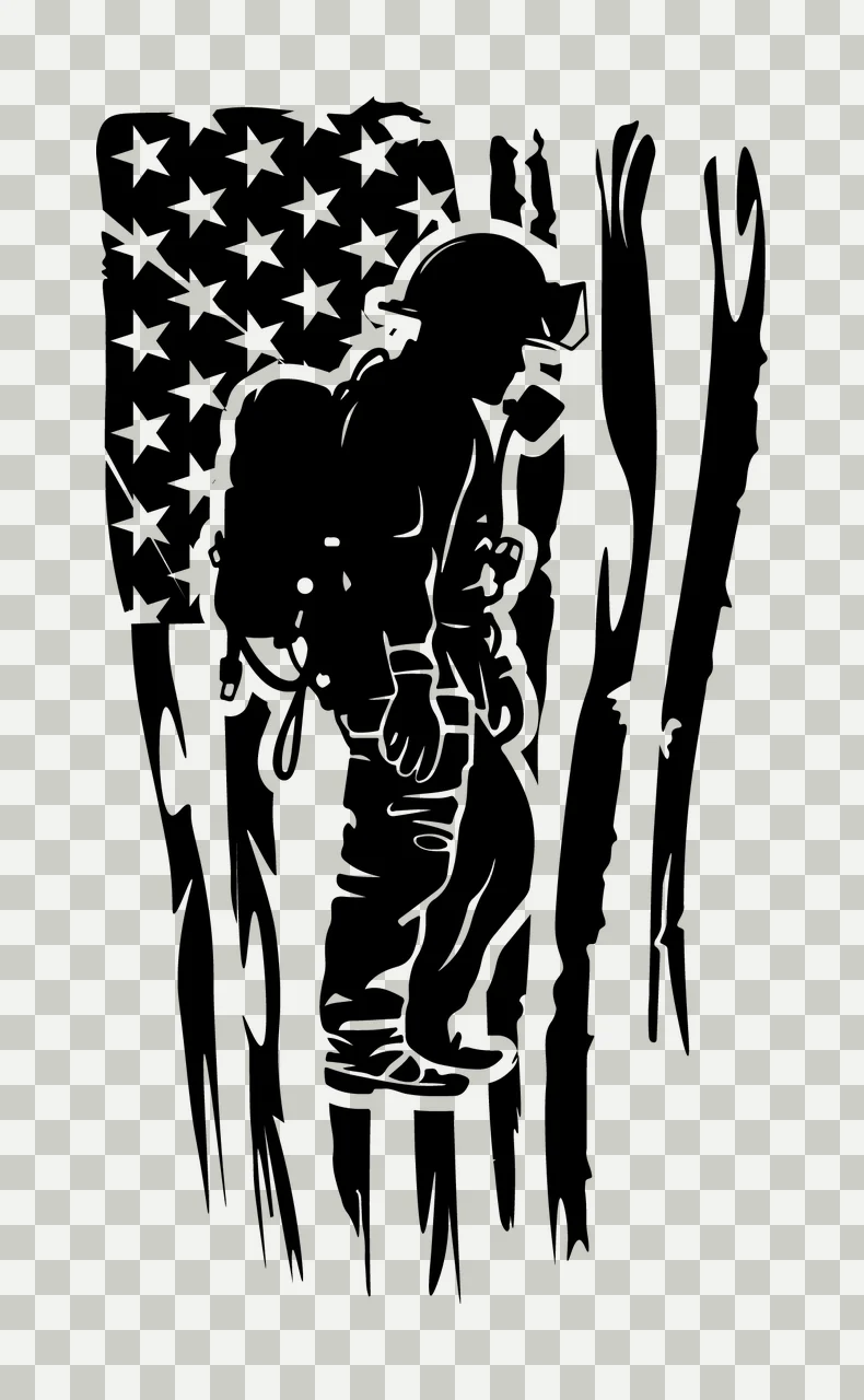 Firefighter Silhouette Over Flag Background Design walking transparency and detail preview thumbnail