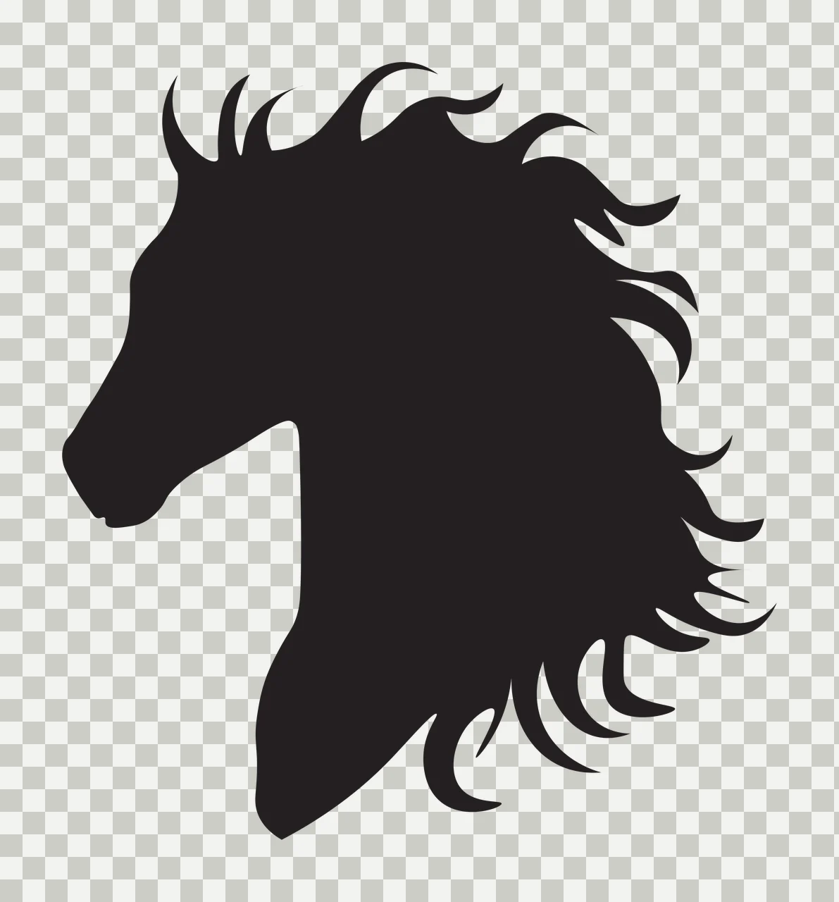 Horse head silhouette Illustration with black horse head silhouette, flowing mane and two small horns in white transparency and detail preview thumbnail