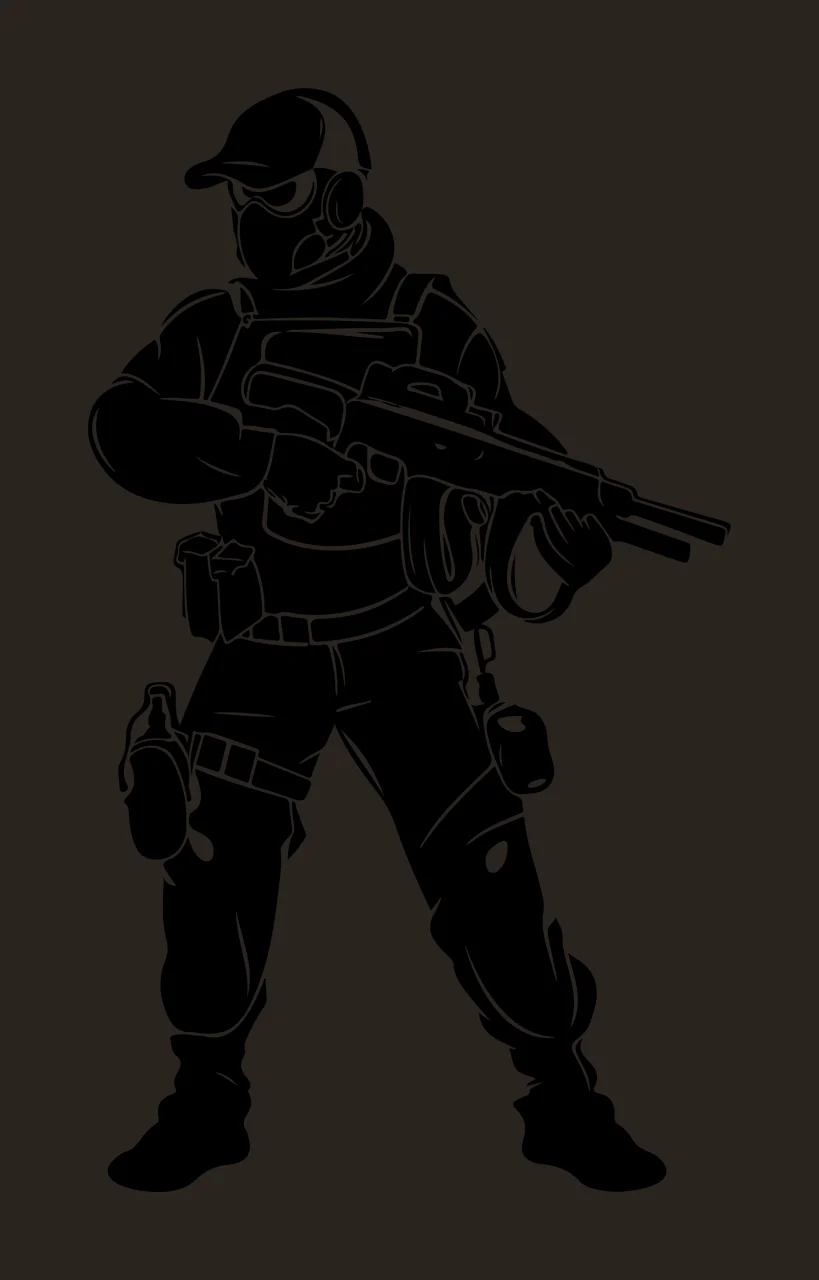 Armed Tactical Figure Standing In Profile rifle gear hat silhouette contrast preview thumbnail