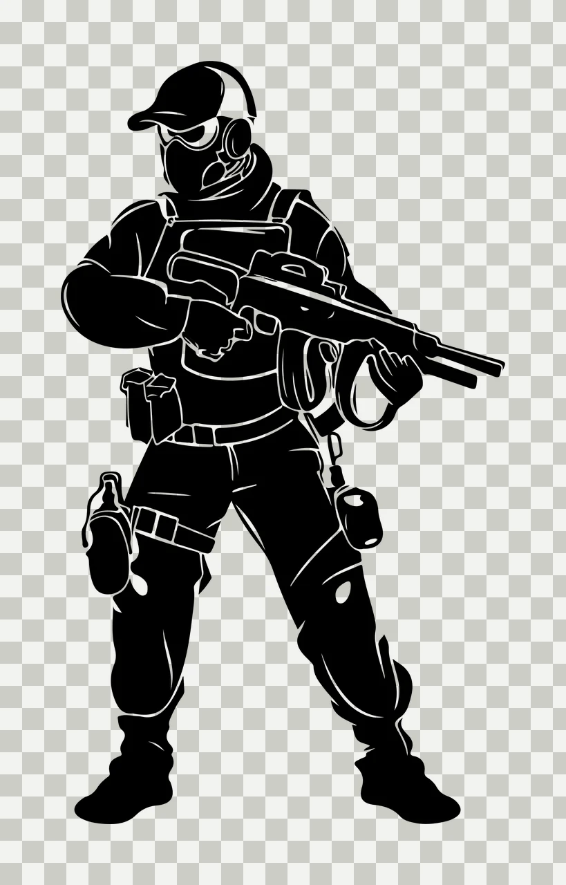 Armed Tactical Figure Standing In Profile rifle gear hat silhouette transparency and detail preview thumbnail