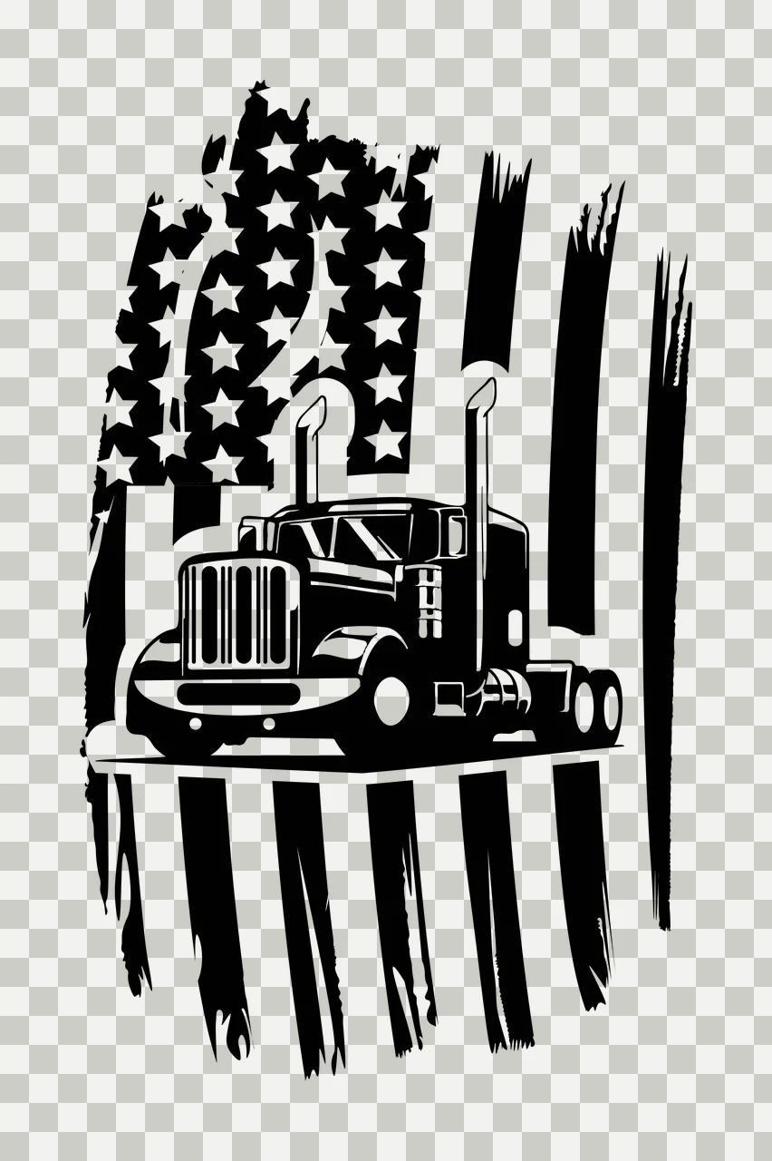 Semi Truck Flag Hauling Over Distressed driving stencil black transparency and detail preview thumbnail