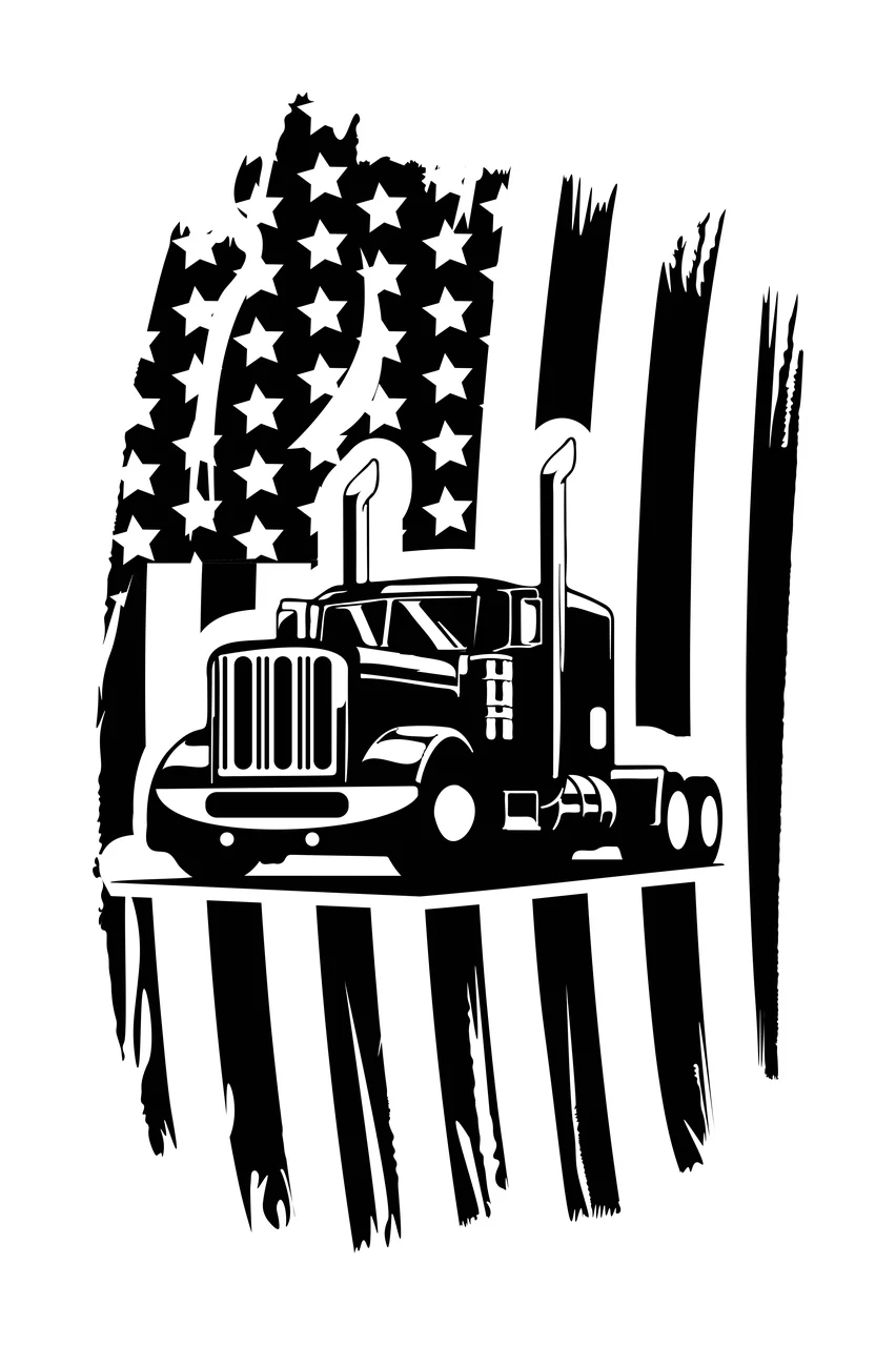 Semi Truck Flag Hauling Over Distressed driving stencil black
