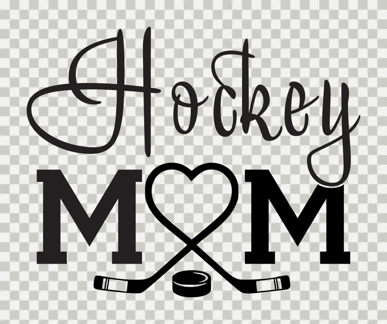 Hockey MOM Hockey Mom decal design with Hockey text in cursive script, MOM text in bold block letters, Heart-shaped hockey stick and Two crossed hockey sticks in black and white transparency and detail preview thumbnail