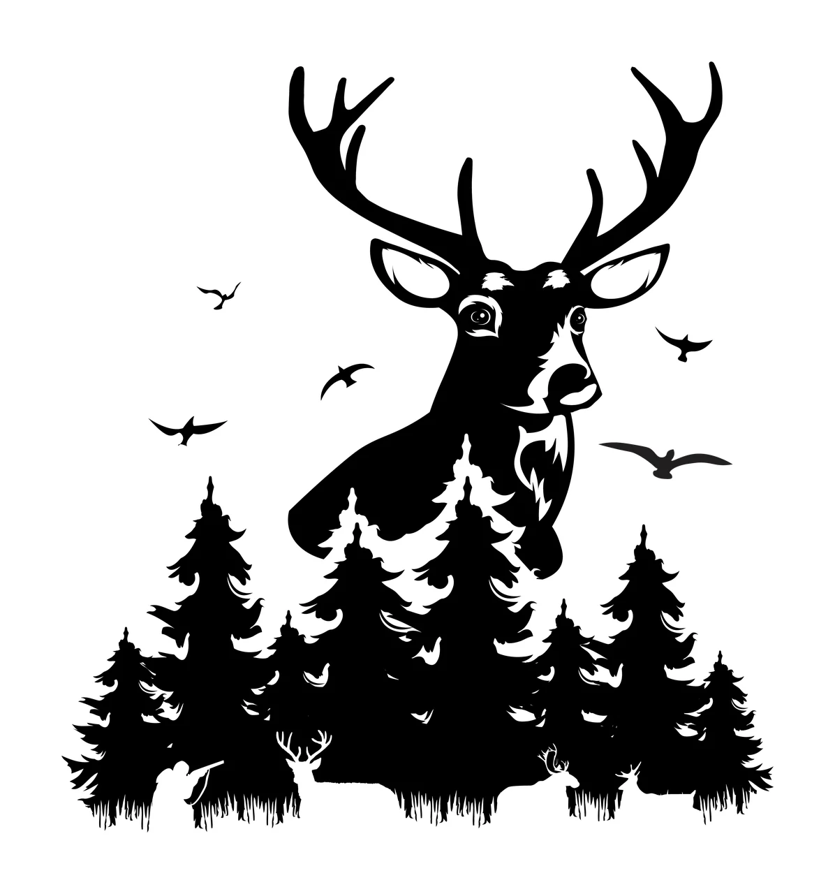 Deer Head Above Forest Silhouette standing trees birds black