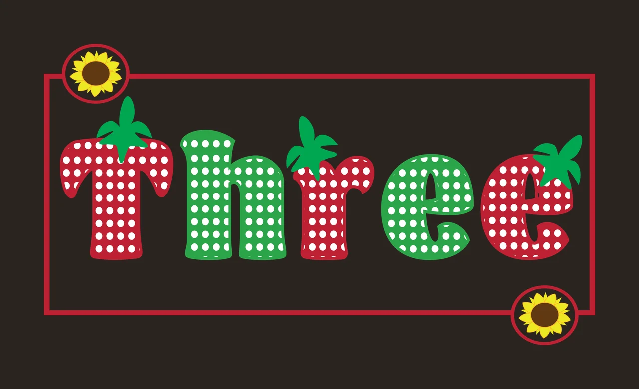 Three Typography Design with polka dot lettering, strawberry stem leaves, sunflower icons and rectangular border in red, green and white contrast preview thumbnail