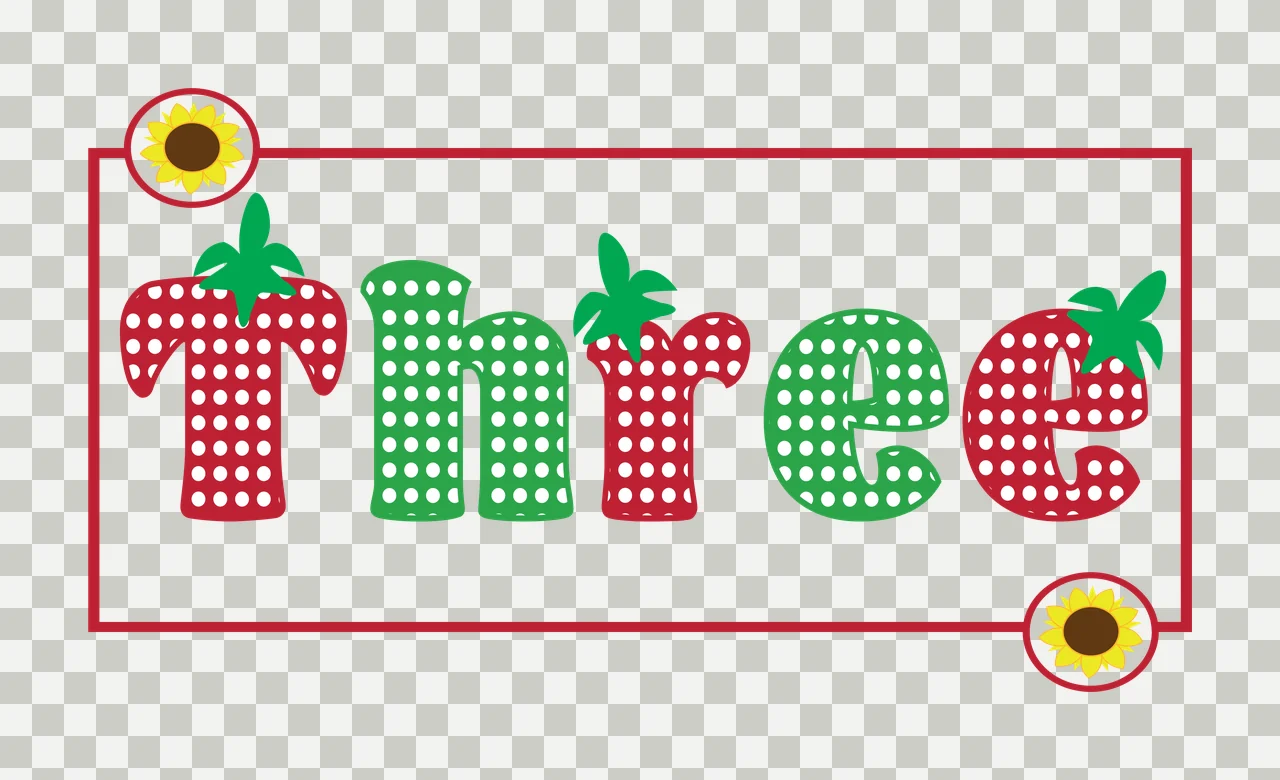 Three Typography Design with polka dot lettering, strawberry stem leaves, sunflower icons and rectangular border in red, green and white transparency and detail preview thumbnail