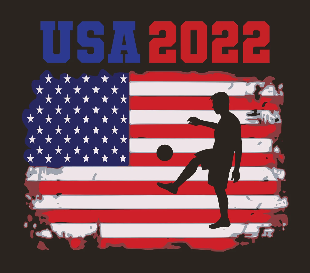 USA 2022 soccer player silhouette Design with USA 2022 text, American flag, distressed flag border and soccer ball in red, blue and white contrast preview thumbnail