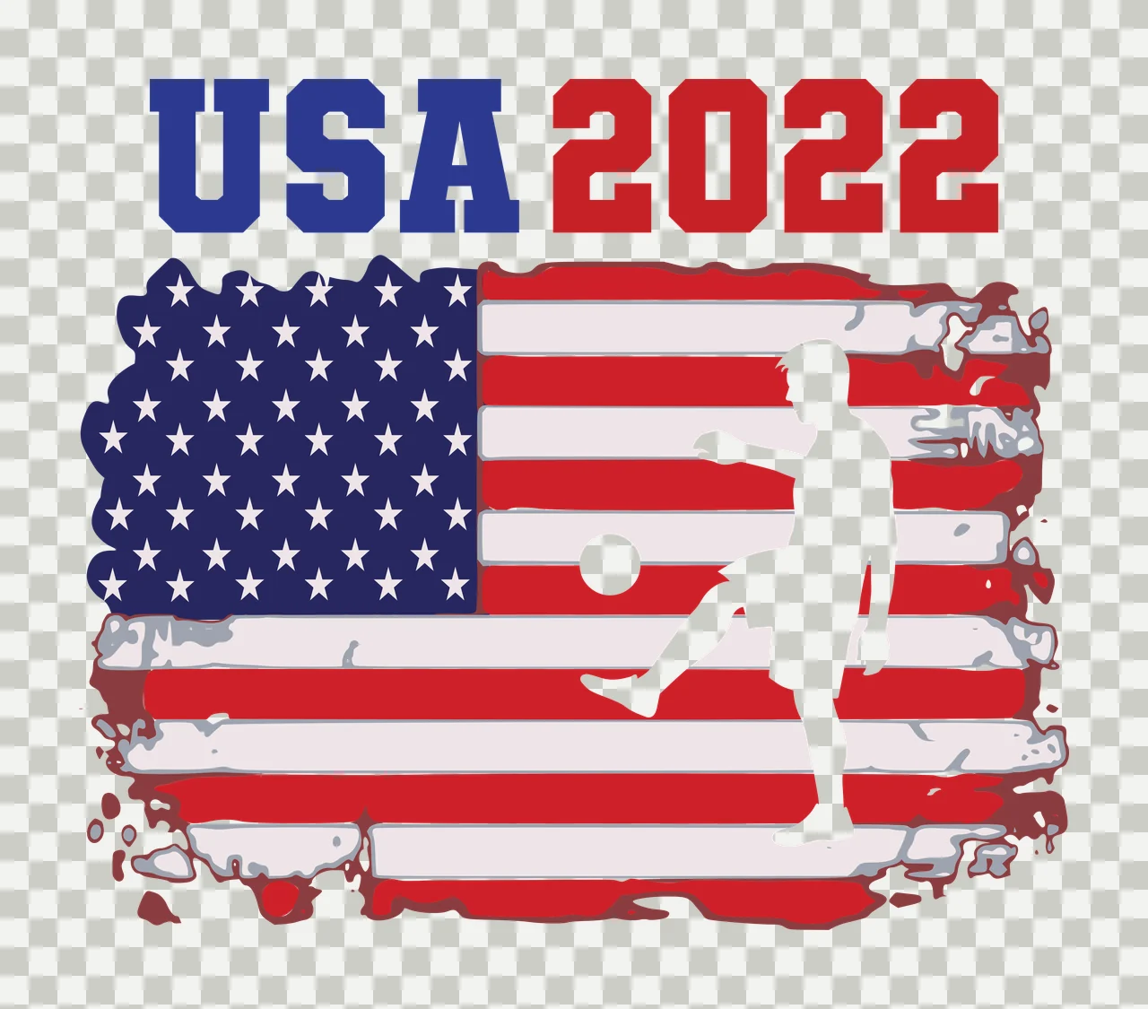 USA 2022 soccer player silhouette Design with USA 2022 text, American flag, distressed flag border and soccer ball in red, blue and white transparency and detail preview thumbnail