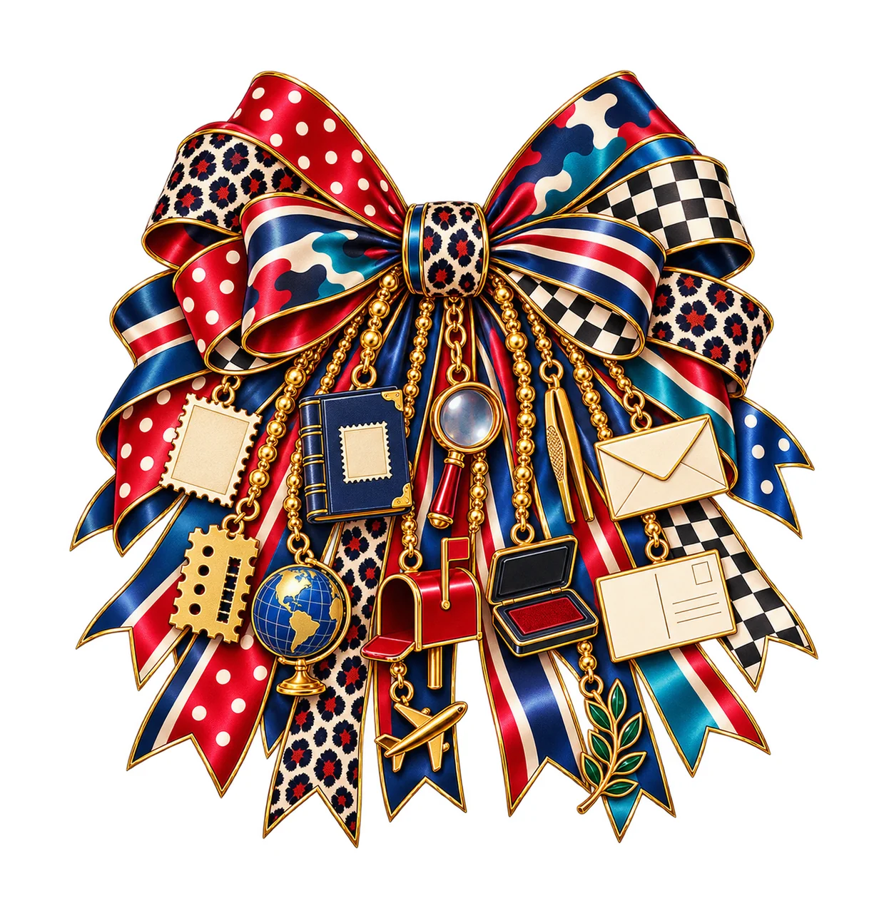 Stamp Collector Bow Charm PNG, Gold Chain Charms, Transparent Sublimation Design, Digital Download