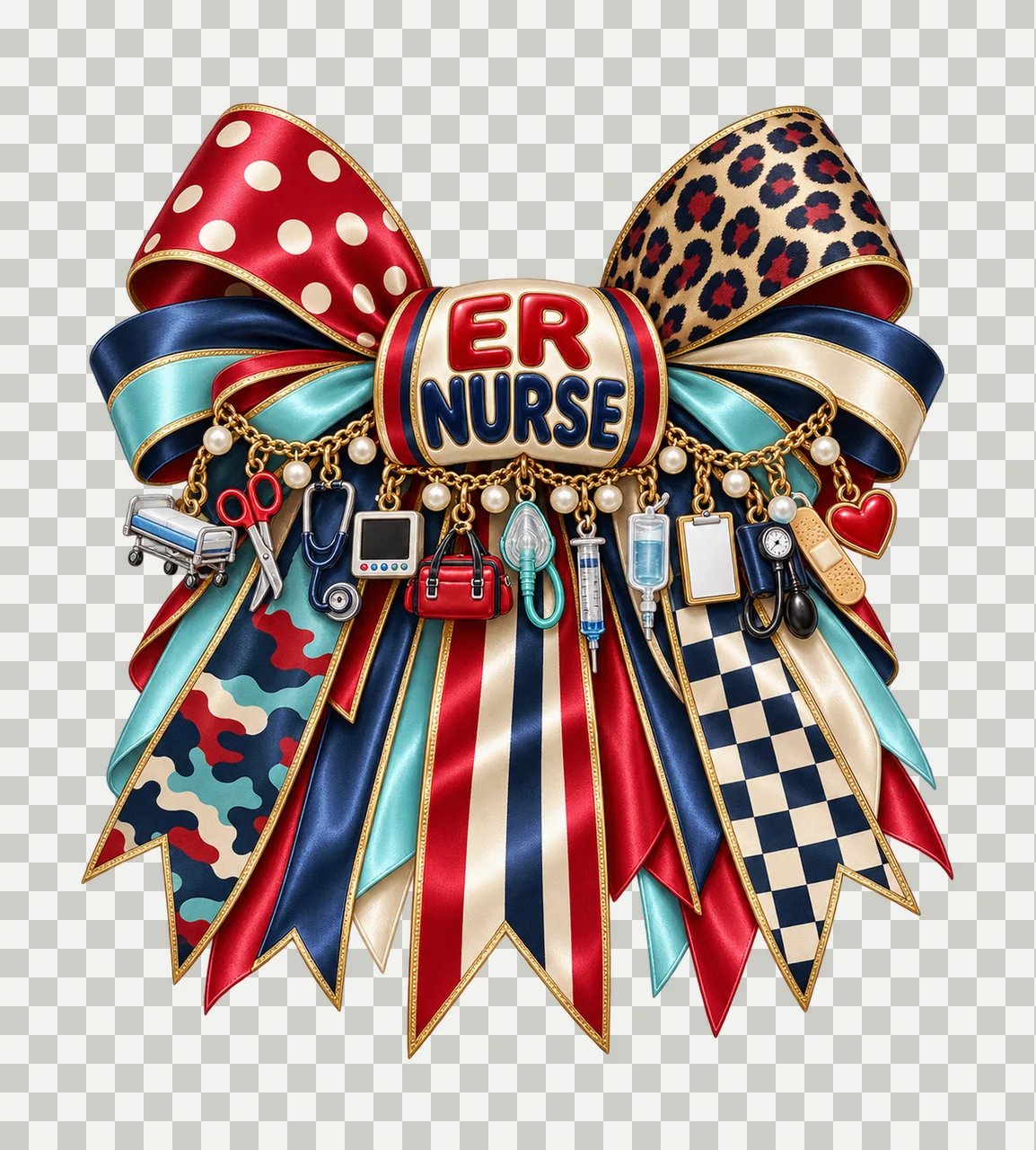 Emergency Room Nurse Bow Charm PNG, Gold Chain Charms, Transparent Sublimation Design, Digital Download transparency and detail preview thumbnail