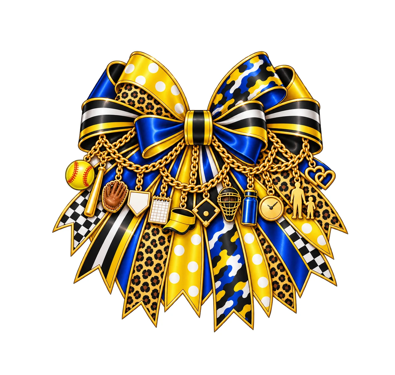 Softball Dad Bow Charm PNG, Gold Chain Charms, Transparent Sublimation Design, Digital Download