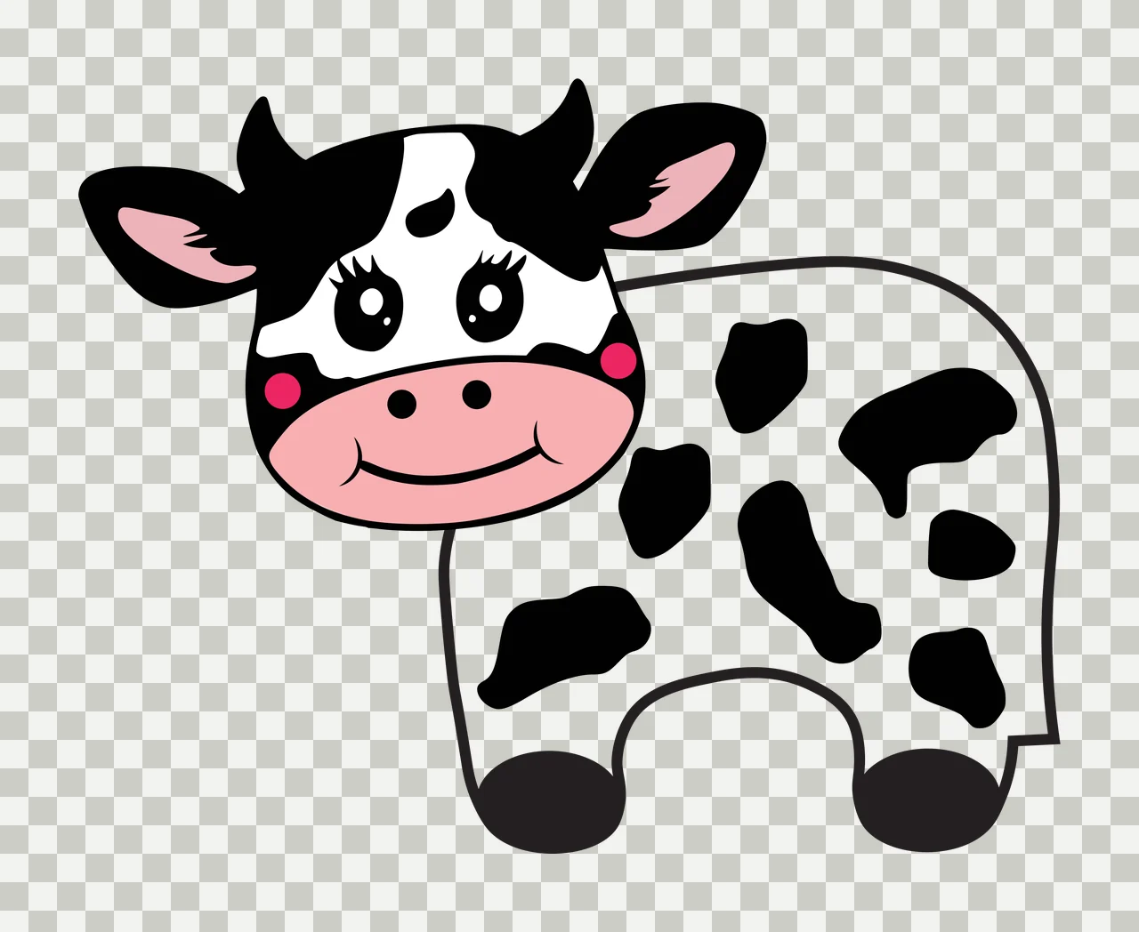 Cartoon cow Illustration with black spots, pink snout, pink cheeks and horns in white transparency and detail preview thumbnail
