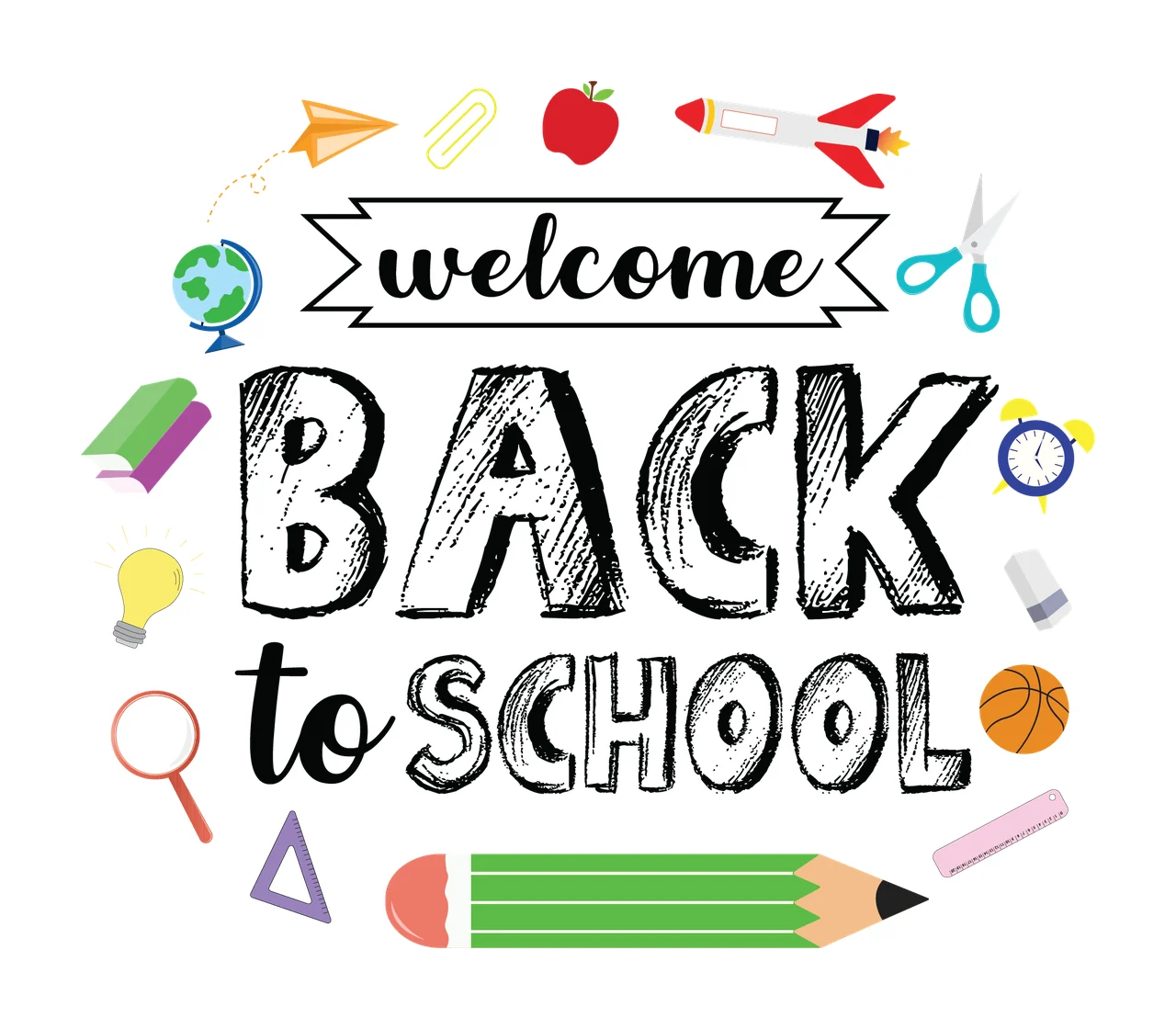 Back To School Typography Supply Icons pencil scissors globe