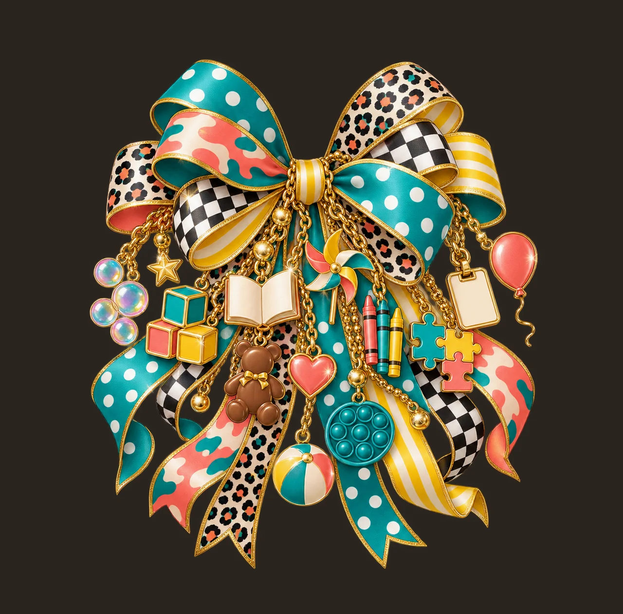 Child Life Specialist Bow Charm PNG, Themed Gold Chain Charms, Coquette Ribbon Sublimation Design, Transparent Digital Download contrast preview thumbnail