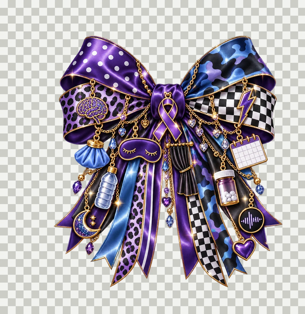 Migraine Awareness Bow Charm PNG, Themed Gold Chain Charms, Coquette Ribbon Sublimation Design, Transparent Digital Download transparency and detail preview thumbnail