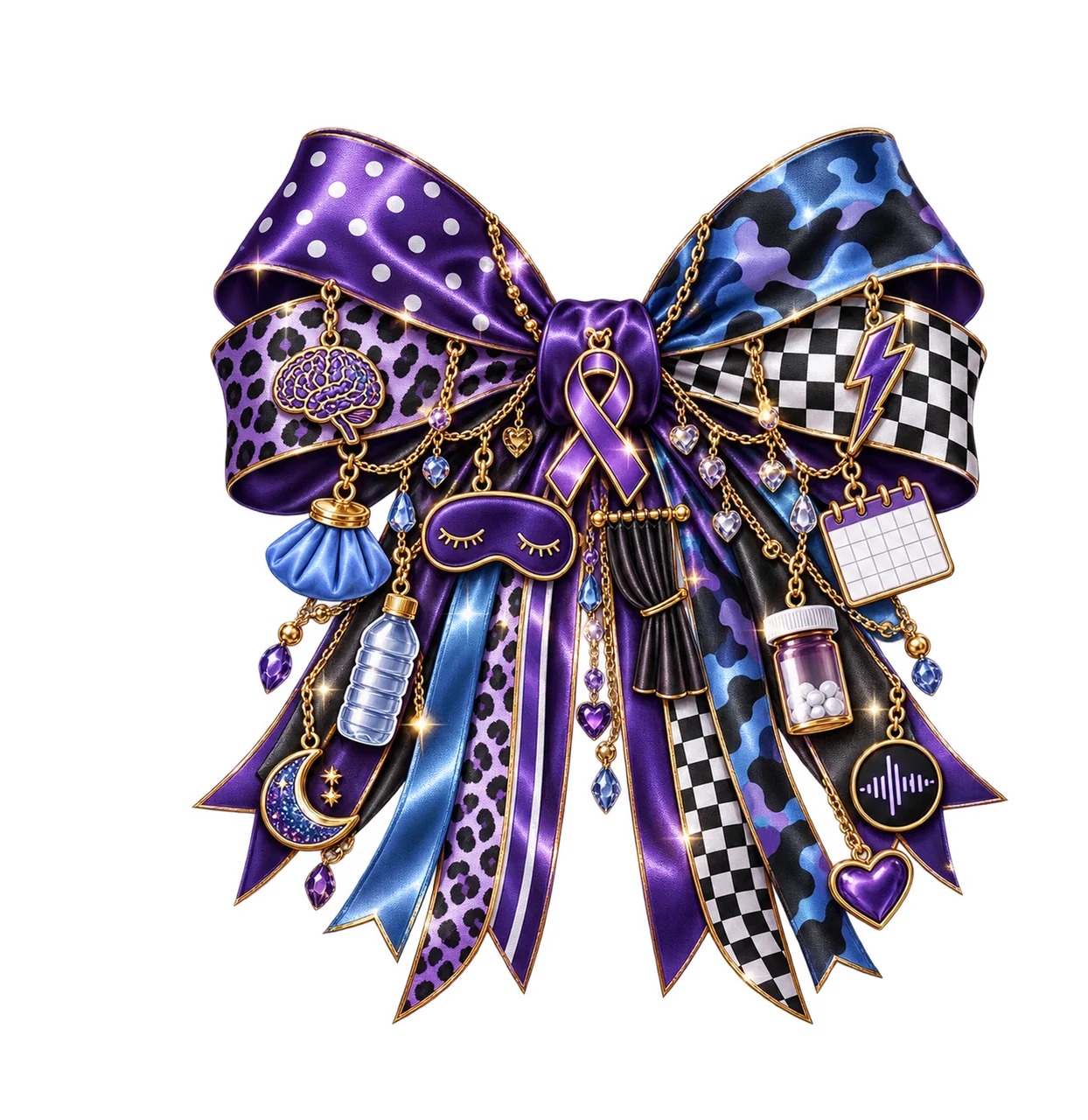 Migraine Awareness Bow Charm PNG, Themed Gold Chain Charms, Coquette Ribbon Sublimation Design, Transparent Digital Download
