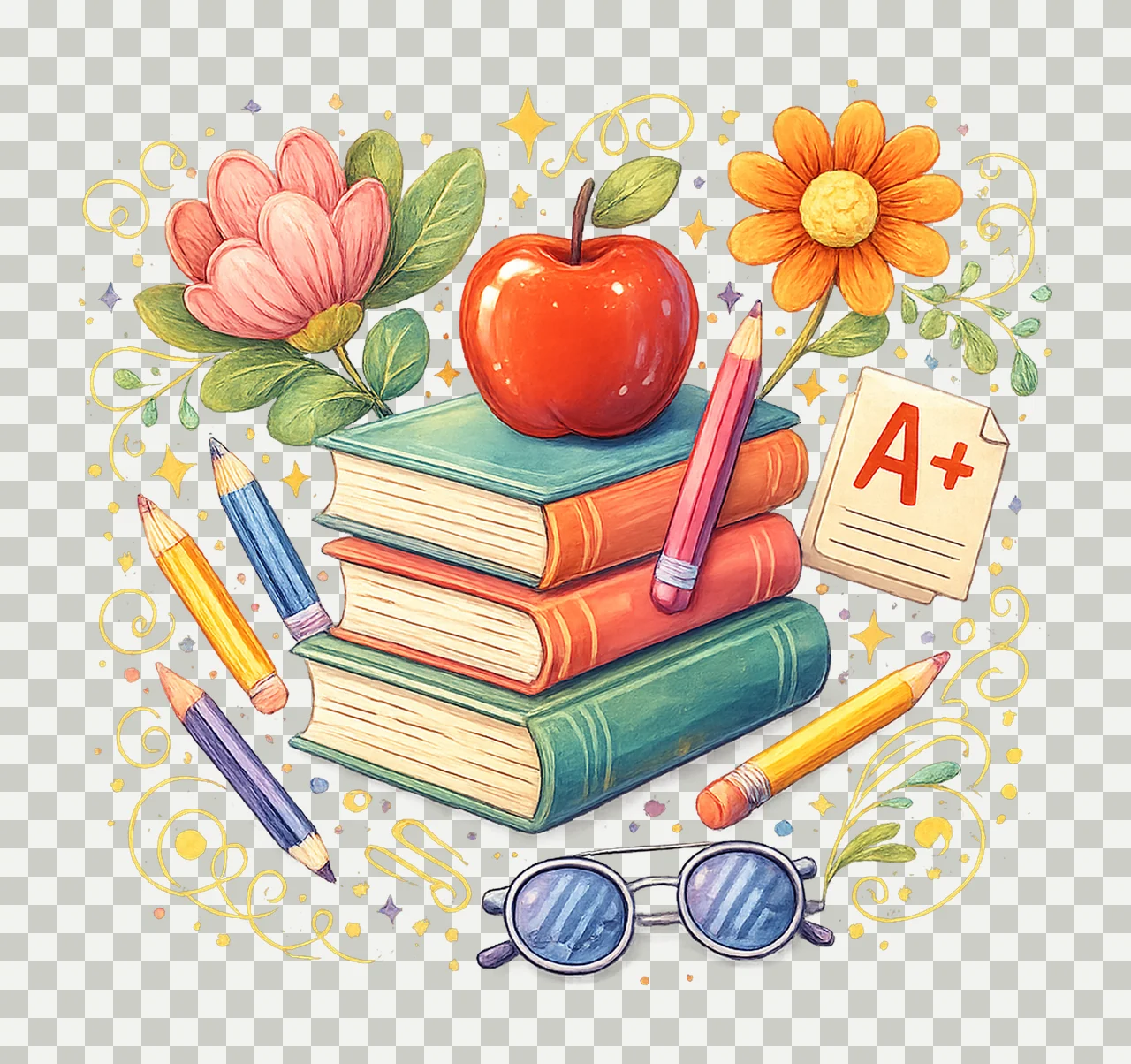 Retro Teacher Books Apple Flowers Design Sublimation Artwork transparency and detail preview thumbnail