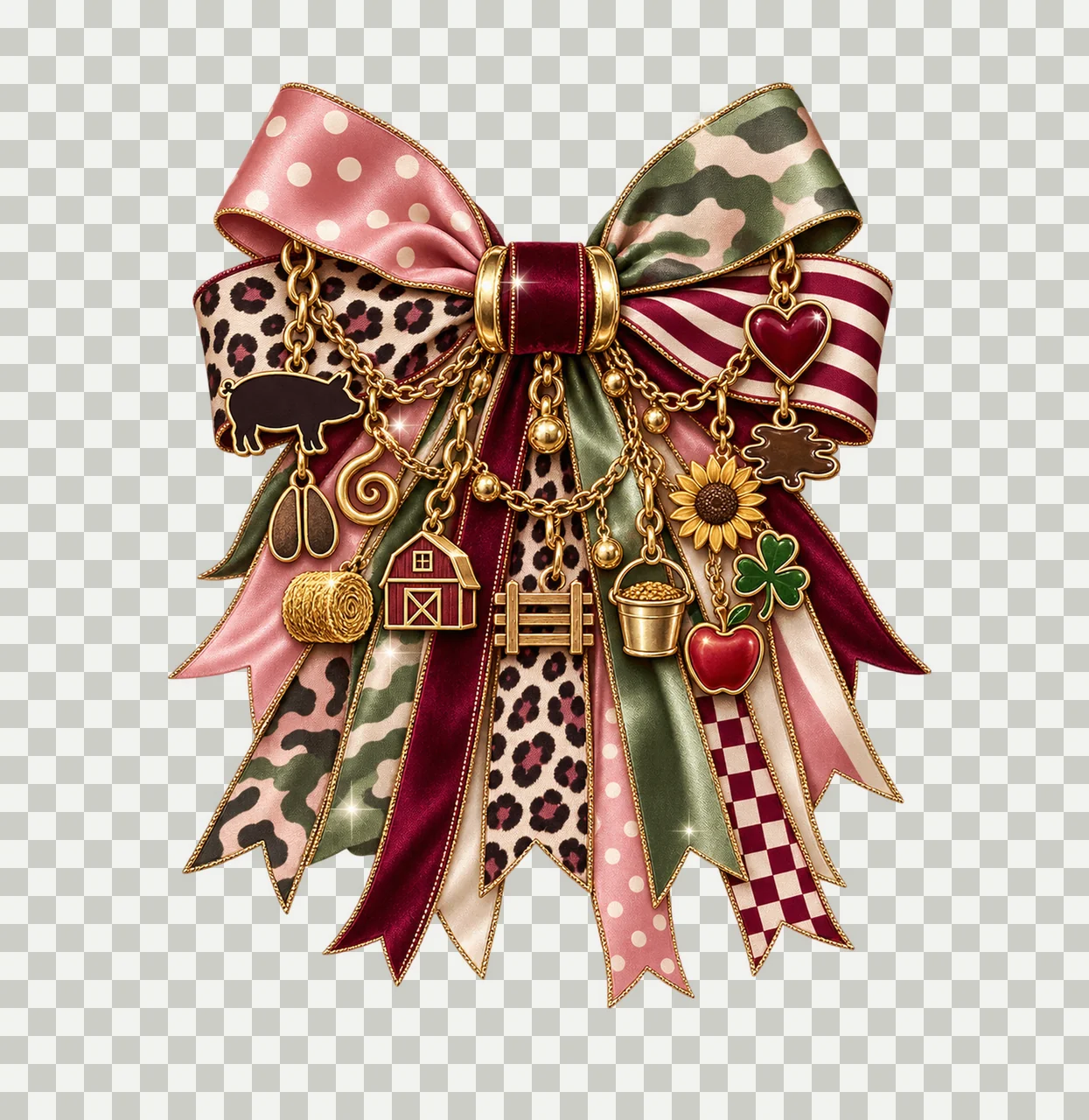 Pig Lover Bow Charm PNG, Themed Gold Chain Charms, Coquette Ribbon Sublimation Design, Transparent Digital Download transparency and detail preview thumbnail