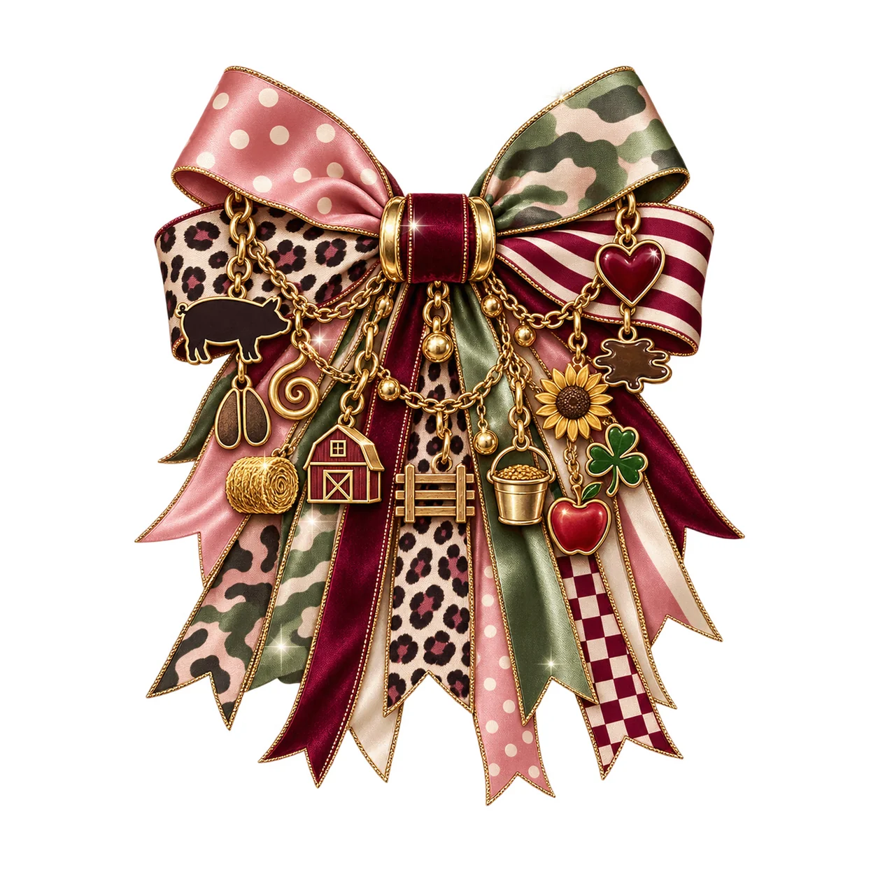 Pig Lover Bow Charm PNG, Themed Gold Chain Charms, Coquette Ribbon Sublimation Design, Transparent Digital Download