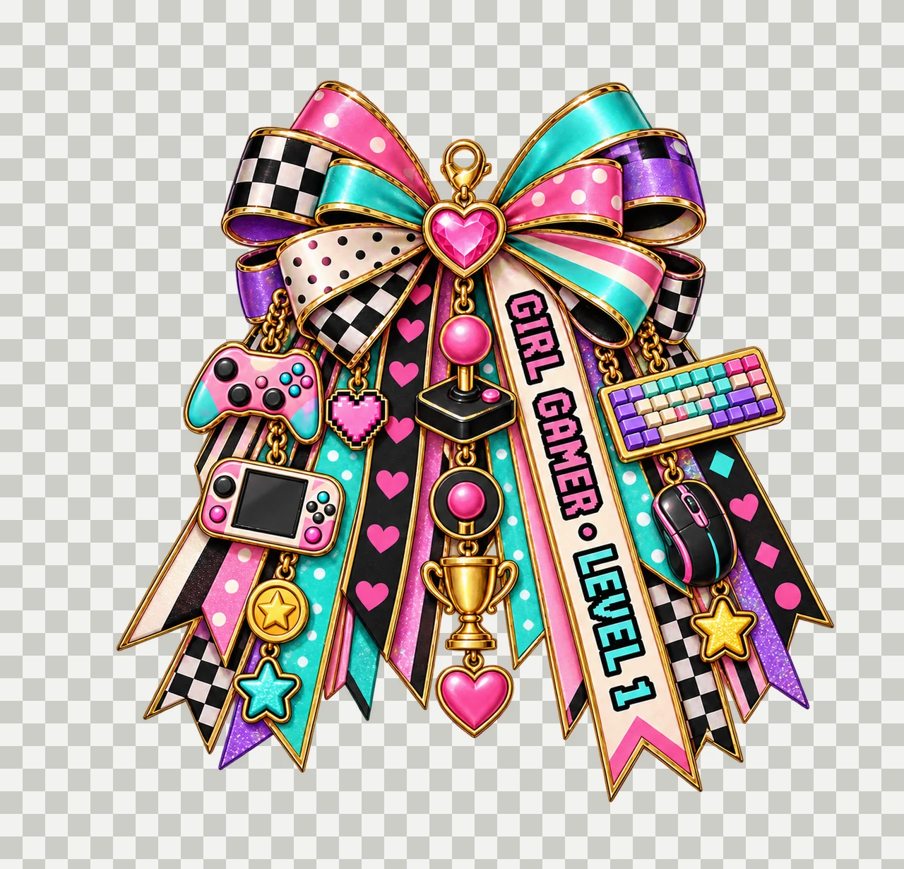 Girl Gamer Level 1 Bow Charm PNG, Patterned Coquette Bow Clipart, Transparent Sublimation Digital Download transparency and detail preview thumbnail