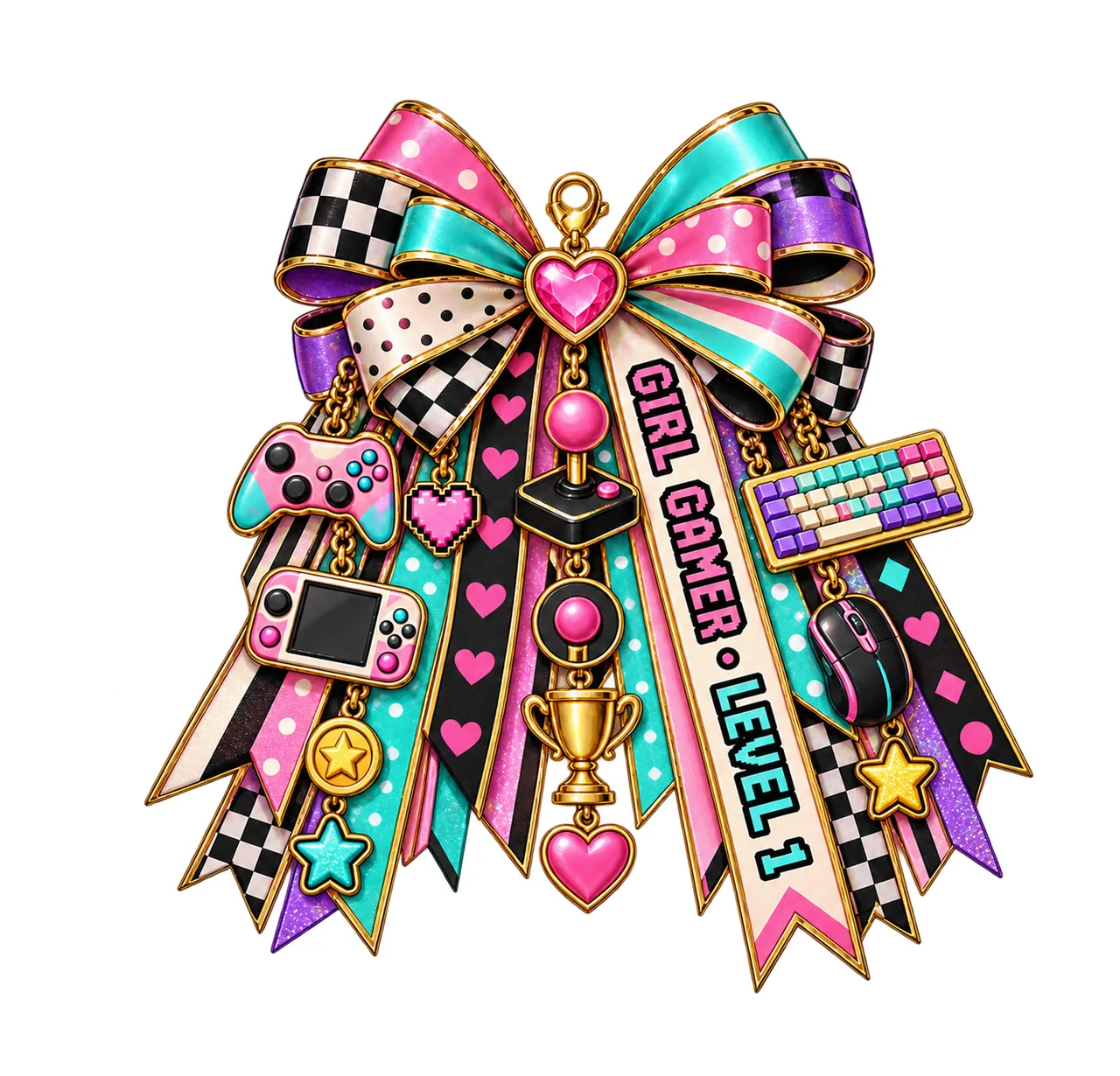 Girl Gamer Level 1 Bow Charm PNG, Patterned Coquette Bow Clipart, Transparent Sublimation Digital Download