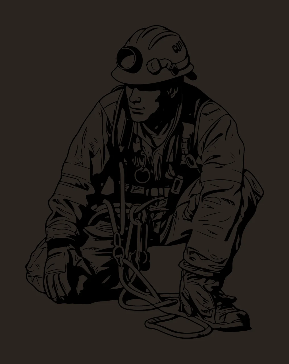 001 Worker In Hard Hat Crouching Down harness ropes Graphic contrast preview thumbnail